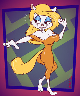 abstract_background anthro blonde_hair blue_eyeshadow breasts butt cleavage clothed clothing dancing exposed_shoulder eyeshadow female fluffy fluffy_tail fur gesture glistening glistening_butt hair half-closed_eyes hand_gesture looking_back makeup narrowed_eyes one_piece_suit pink_nose pointing smug solo tail tight_clothing toony white_body white_fur gavanzude animaniacs warner_brothers minerva_mink mammal mink mustelid musteline true_musteline alternate_version_at_paywall digital_drawing_(artwork) digital_media_(artwork) hi_res signature