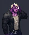 anthro biceps big_muscles black_clothing black_jacket black_nose black_topwear blue_bottomwear blue_clothing blue_pants bottomwear claws clothed clothing electronics fangs fully_clothed fur grey_background hair holding_object holding_phone jacket jewelry male muscular muscular_anthro muscular_male necklace on_phone open_clothing open_jacket open_mouth open_topwear pants pecs phone phone_call purple_body purple_fur ring shirt simple_background smile solo standing teeth topwear unzipped_jacket white_clothing white_hair white_shirt white_topwear yellow_eyes kuron nate_(kuron) bear mammal ursine 2017 character_name hi_res