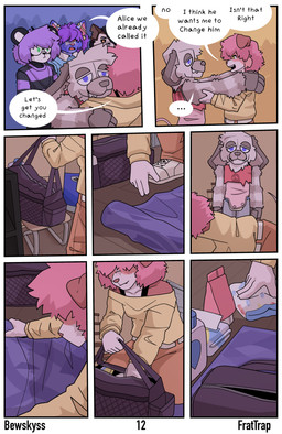 ageplay anthro baby_powder blue_eyes clothed clothing costume dialogue diaper diaper_bag eyewear footwear fraternity fursuit glasses group hair infantilism male mascot multicolored_body multicolored_eyes pattern_clothing purple_hair roleplay shirt shoes striped_clothing stripes text topwear trio wearing_diaper wearing_glasses wipes yellow_clothing yellow_shirt yellow_topwear bewskyss canid canine canis domestic_cat domestic_dog felid feline felis mammal absurd_res comic english_text hi_res url
