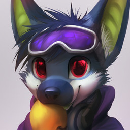 ambiguous_gender anthro blue_hair electronics food fruit fruit_in_mouth fur green_inner_ear grey_background grey_body grey_fur hair headphones headphones_around_neck holding_mango looking_at_viewer mango mouth_hold plant red_eyes simple_background ski_goggles snout solo thanshuhai shiinsuh_(character) bat mammal megabat 1:1 2013 bust_portrait digital_media_(artwork) digital_painting_(artwork) painting_(artwork) portrait shaded