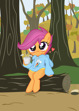 anthro blush clothing container cup detailed_background female forest fur hair heart_symbol holding_container holding_cup holding_object hoodie log long_hair orange_body orange_fur outside plant purple_eyes purple_hair sitting smile solo topwear tree wood young young_anthro young_female lockerobster medio-cre friendship_is_magic hasbro my_little_pony scootaloo_(mlp) equid equine horse mammal pony absurd_res hi_res