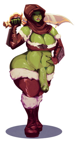 big_breasts big_penis breasts cleavage clothed clothing flaccid genitals gynomorph intersex melee_weapon not_furry penis skimpy solo sword weapon riendonut humanoid orc 2017