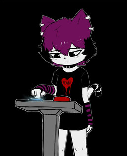 4_fingers acceptance alternative_fashion anthro arm_warmers armwear bangs bare_legs belt_buckle biped black_background black_clothing black_collar black_eyebrows black_hair black_nose black_shirt black_t-shirt black_text black_topwear blue_button buckle buckled_collar clothed clothed_anthro clothed_female clothing collar crossed_bangs depression ear_piercing ear_ring emo eyebrow_through_hair eyebrows female female_anthro fingers flat_chested fur hair heart_symbol looking_down markings multicolored_hair no_irises outline pattern_arm_warmers pattern_armwear pattern_clothing piercing pointy_ears pressing_button prick_ears print_clothing print_shirt print_t-shirt print_topwear purple_ears purple_hair pushbutton red_button ring_(marking) ring_piercing ringed_tail sad shirt short_hair simple_background slim_anthro slim_female solo standing striped_arm_warmers striped_armwear striped_clothing striped_markings striped_tail stripes suicidal_ideation suicide_attempt t-shirt tail tail_markings text topwear translucent translucent_hair two_tone_hair white_body white_fur white_outline young young_anthro young_female e254e veronica_(e254e) domestic_cat felid feline felis mammal 2026 digital_drawing_(artwork) digital_media_(artwork) english_description english_text hi_res portrait three-quarter_portrait