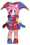 anthro clothing cosplay crossover_cosplay eyelashes female fool's_hat footwear gloves hair handwear hat headgear headwear jester looking_at_viewer pink_body pink_hair pinwheel_eyes solo fiinel glitch_productions sega sonic_the_hedgehog_(series) the_amazing_digital_circus amy_rose pomni_(tadc) eulipotyphlan hedgehog mammal 2024 crossover hi_res