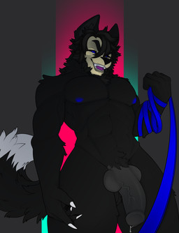 anthro bodily_fluids genital_fluids genitals leadh_pull leaking_precum leash looking_at_viewer male penis precum smile standing fraya.diblidu charlie_fisher_(skulldog) skulldog_(species) absurd_res hi_res