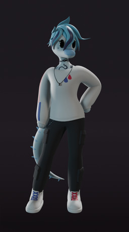 ambiguous_gender anthro blue_body blue_hair chain_necklace dot_eyes facial_tattoo hair jewelry necklace simple_eyes solo standing tattoo unknown_artist goodbye_volcano_high ko_op_(game_developer) nick_(gvh) dinosaur prehistoric_species reptile scalie 3d_(artwork) digital_media_(artwork)