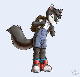 anthro backpack clothing green_eyes male monotone_background overalls solo standing young young_anthro young_male iztli canid canine canis mammal wolf 2015 hi_res