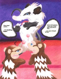ambiguous_gender blue_eyes brown_body brown_fur feral fur gloves_(marking) group heart_symbol markings speech_bubble text toony trio white_markings darkanine 20th_century_fox blue_sky_studios dreamworks ice_age_(series) over_the_hedge crash_(ice_age) eddie_(ice_age) heather_(over_the_hedge) american_opossum mammal marsupial virginia_opossum 2008 english_text hi_res traditional_media_(artwork)