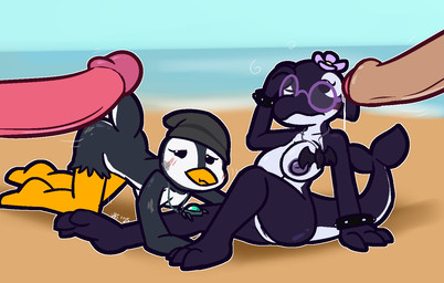 all_fours anthro anthro_on_anthro ass_up beach beanie big_breasts big_penis bodily_fluids bracelet breasts bruised clothing disembodied_penis dorsal_fin erection feathers female fin forced foreskin genital_fluids genitals glans grey_body grey_clothing grey_feathers grey_hat grey_headwear hand_on_head hat hat_only head_fin headgear headgear_only headwear headwear_only imminent_sex jewelry male male/female mostly_nude motion_lines nipples nude penis pink_glans pink_penis precum purple_nipples spiked_bracelet spikes tail tail_fin tan_penis vulva white_body white_feathers ultilix pixile_studios super_animal_royale coral_(felino) fan_character ambiguous_species avian bird cetacean dolphin mammal marine oceanic_dolphin orca penguin toothed_whale 2025