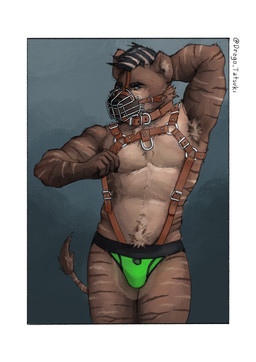 armpit_hair body_hair clothing collar cuff_(restraint) jockstrap leather leather_strap looking_at_viewer male markings muzzle_(object) muzzled restraints solo straps striped_markings stripes underwear wire_basket_muzzle drago_tatsuki_(artist) rogue_fang shuck hybrid hyena mammal yebra absurd_res hi_res