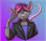 anthro blue_eyes clothing eyebrow_through_hair eyebrows grey_body hair jacket male pink_hair pink_inner_ear pink_tail shirt showing_teeth simple_background solo spiked_jacket tail topwear translucent translucent_hair undershirt wrist_accessory shurikoma_(artist) pino.noir_(character) mammal murid murine rodent digital_media_(artwork) shaded