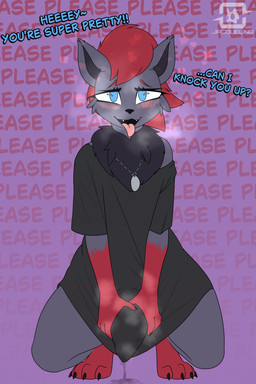 animal_genitalia animal_penis bodily_fluids canine_genitalia canine_penis chest_tuft clothing dialogue dripping femboy genital_fluids genitals gradient_background holding_penis jewelry lidded_eyes male musk musky_penis necklace open_mouth penis precum precum_drip precum_through_clothing shirt simple_background solo text through_clothing tongue tongue_out topwear tuft wall_of_text wet wet_clothing jacqueling nintendo pokemon generation_5_pokemon pokemon_(species) zorua 2:3 absurd_res hi_res