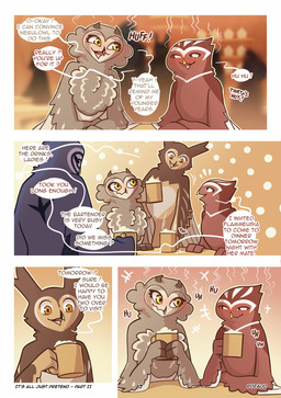 anthro beak beverage blue_body blurred_background blush brown_body brown_feathers container cup dialogue eyelashes feathers female furniture holding_beverage holding_object looking_at_another male mug onomatopoeia open_mouth open_smile orange_eyes red_body red_feathers simple_background smile sound_effects speech_bubble table tan_body tan_feathers text tongue wings yellow_beak yellow_eyes rozalid atheniv bubowl flammeusia nebulowl athene_(genus) avian bird eared_owl eurasian_eagle-owl great_grey_owl horned_owl little_owl owl short-eared_owl strix_(genus) true_owl absurd_res comic digital_media_(artwork) english_text hi_res