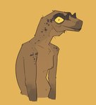 2024 anthro brown_body digital_media_(artwork) dinosaur half-length_portrait looking_at_viewer male nude portrait prehistoric_species reptile scalie simple_background solo yellow_background yellow_eyes zagz