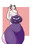 anthro belly_overhang big_breasts breasts clothing delta_rune_(emblem) female fur grey_horn horn looking_at_viewer nervous_smile pattern_background pear-shaped_figure purple_clothing purple_robe red_eyes robe scarf simple_background solo symbol symbol_on_clothing white_body white_fur white_scarf wide_hipped_female wide_hips chuyy undertale undertale_(series) toriel bovid caprine goat mammal digital_media_(artwork) pixel_(artwork)