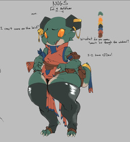 accessory anthro black_eyes bottom_heavy brown_clothing clothed clothing curved_horn eyelashes female furgonomics green_body green_horn green_scales grey_background grey_clothing grey_legwear grey_thigh_highs horn horn_accessory legwear orange_sclera pupils scales simple_background slit_pupils solo tan_body tan_scales text thick_thighs thigh_highs wide_hips chalktooth kobold scalie english_text hi_res