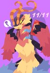 absurd_res antennae_(anatomy) anthro arthropod centipede cheek_tuft chimekeeperderg_(artist) claw_fingers facial_tuft food_in_mouth fur furred_centipede gesture hand_gesture hi_res kuro_(chimekeeperderg) lineless looking_at_viewer male mandibles monster multi_limb multicolored_body myriapod pocky_and_pretz_day pocky_in_mouth pointing pointing_at_self question_mark ringed_pupils simple_background solo trans_(lore) trans_man_(lore) tuft yellow_sclera