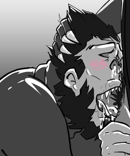 5_fingers anthro balls beard blush bodily_fluids claws clothing cum cum_from_nose cum_in_mouth cum_in_nose cum_inside deep_throat drooling duo erection eyewear faceless_character faceless_male facial_hair fellatio fingers genital_fluids genitals glasses hand_on_another's_head hand_on_head hand_on_leg hand_on_thigh head_grab human_on_anthro interspecies leg_grab male male/male male_penetrated male_penetrating male_penetrating_male oral oral_penetration penetration penile penile_penetration penis precum saliva sex sharp_teeth simple_background solo_focus standing teeth thigh_grab blizzard_entertainment overwatch reaper_(overwatch) winston_(overwatch) ape gorilla haplorhine human mammal primate 5:6 hi_res monochrome source_request