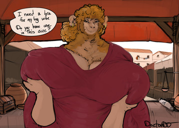ambiguous_gender anthro big_breasts breast_grab breasts brown_body brown_fur dialogue disembodied_hand duo ear_piercing ear_ring female female/ambiguous female_anthro fur grope hand_on_breast huge_breasts human_on_anthro hyper hyper_breasts interspecies market_stall marketplace piercing ring_piercing smile text doctordj haplorhine human macaque mammal monkey old_world_monkey primate english_text hi_res