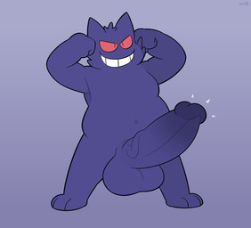 anthro balls big_balls big_penis erection flexing genitals grin huge_penis male penis simple_background smile solo standing vein veiny_penis birdvian nintendo pokemon generation_1_pokemon gengar ghost pokemon_(species) spirit hi_res