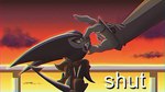 angry detailed_background duo humor offscreen_character sharp_teeth snout_grab teeth text alcoholictails bandai_namco digimon shut_(meme) digimon_(species) impmon renamon 2025 english_text hi_res meme