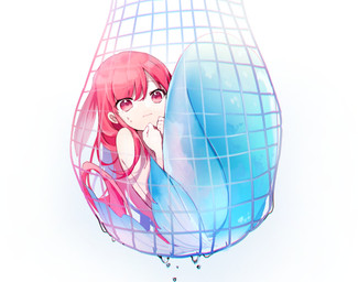 captured female fin fish_tail hair long_hair looking_at_viewer matching_hair/eyes net peneko pink_eyes pink_hair scared simple_background solo split_form tail tail_fin trap_(contrivance) trapped trapped_in_net wet white_background aquatic humanoid merfolk absurd_res hi_res