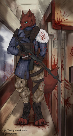 anthro blood blue_eyes bodily_fluids bulletproof_vest clothing fur male military_uniform red_body red_fur solo train uniform vehicle weapon furrymammy metro_(series) foximellian_montanna canid canine fox mammal absurd_res hi_res