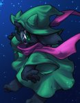 clothing floating green_clothing hat headgear headwear male night purple_scarf scarf solo star kurogin_(artist) deltarune undertale_(series) ralsei bovid caprine goat mammal