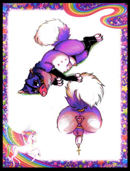 anal anal_penetration animal_genitalia animal_penis balls black_border border butt buttplug buttplug_in_ass buttplug_insertion canine_genitalia canine_penis clothing cross ear_piercing ear_ring feral fluffy fluffy_tail fully_sheathed genital_piercing genitals jewelry latex latex_clothing latex_legwear latex_stockings legwear male multi_nipple muzzle_(object) muzzled nipples object_in_ass penetration penis penis_piercing piercing pink_butt plug_(sex_toy) plug_insertion prince_albert_piercing purple_body ring ring_piercing sex_toy sex_toy_in_ass sex_toy_insertion sheath sheathed_while_penetrated solo stockings submissive submissive_male tail yeendream lisa_frank canid canine canis domestic_dog mammal hi_res