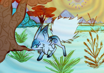 ambiguous_gender blue_body blue_fur blue_grass cheek_tuft detailed_background facial_tuft feral fur mountain plant solo sun tree tuft wispyvixen mammal unknown_species 2023 hi_res