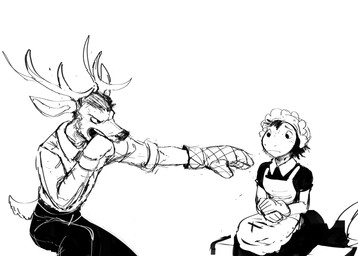 anthro antlers clothing duo female freckled_face freckles handwear horn maid_headdress maid_uniform male oven_mitts sitting uniform worried hladilnik deer_admiral_(hladilnik) lonely_shark_(hladilnik) aquatic deer fish mammal shark 2026 black_and_white hi_res monochrome
