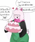 anthro cake clothed clothing dessert dialogue eyes_closed femboy food fully_clothed fur holding_cake holding_food holding_object horn male offscreen_character robe scarf short_tail smile solo speech_bubble tail tail_motion tailwag text thick_thighs white_body white_fur wide_hips thenewpassion deltarune undertale_(series) ralsei bovid caprine goat mammal english_text hi_res