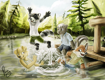 anthro black_nose blue_sky bottomwear clothed clothing cloud detailed_background eyes_closed fur green_bottomwear green_clothing green_shorts grey_body grey_bottomwear grey_clothing grey_fur grey_pants group jumping logo male male_anthro open_mouth open_smile orange_body orange_fur outside pants partially_submerged plant shirt shorts sitting sky smile splash t-shirt topwear tree water wet wet_body wet_clothing wet_fur wetlook white_body white_clothing white_fur white_shirt white_t-shirt white_topwear yellow_body yellow_fur young young_anthro young_male pandapaco art_(pandapaco) biro_(pandapaco) canid canine canis domestic_dog fox mammal mephitid procyonid raccoon skunk artist_logo signature