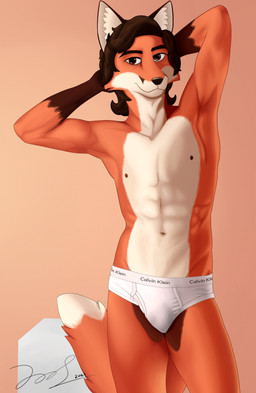 anthro black_text briefs briefs_only brown_body brown_fur brown_hair brown_nose bulge clothed clothing confident fur gradient_background hair hand_on_head male navel nipples orange_background pink_background simple_background smile solo tan_body tan_fur text tighty_whities topless underwear underwear_only white_briefs white_clothing white_underwear james_foster calvin_klein canid canine fox mammal red_fox true_fox 2021 hi_res signature