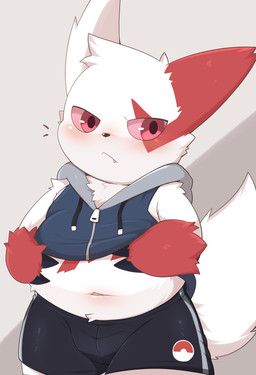 :< anthro belly biped black_bottomwear black_claws black_clothing black_nose black_shorts blush blush_lines bottomwear bulge claw_fingers claws clothed clothing cute_fangs emanata fangs finger_claws fluffy fluffy_tail fur gloves_(marking) grey_background grey_sclera head_tuft hoodie kemono looking_at_viewer male male_anthro markings mismatched_ears monotone_tail multicolored_body multicolored_fur navel overweight overweight_anthro overweight_male pink_eyes pupils red_body red_ears red_fur shorts simple_background sleeveless_hoodie snaggle_tooth solo standing tail teeth topwear tuft two_tone_body two_tone_fur white_body white_ears white_fur white_tail young young_anthro young_male toruu nintendo pokemon generation_3_pokemon mammal pokemon_(species) zangoose 2025 absurd_res colored digital_media_(artwork) half-length_portrait hi_res portrait shaded simple_shading