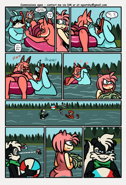 annoyed anthro auburn_eyes ball beach_ball black_body black_fur blue_eyes blush blush_lines camp camping campsite clothing dialogue elderly_male embarrassed evergreen_tree facial_hair female forest frustrated fur giggling green_eyes green_handkerchief green_kerchief group hair handkerchief husband husband_and_wife inflatable kerchief kiss_on_lips kissing lake laugh male married_couple multicolored_body multicolored_fur mustache nude nude_anthro nude_female pine_tree pink_body pink_fur pink_hair pink_quills plant pool_float pool_floaty quills_(anatomy) seaweed smile smirk snorkel speech_bubble swimwear tan_inner_ear teal_body teal_fur text tree water whispering white_body white_fur wife himitsu sqootshy archie_comics sega sonic_the_hedgehog_(archie) sonic_the_hedgehog_(comics) sonic_the_hedgehog_(series) the_murder_of_sonic_the_hedgehog amy_rose conductor's_wife_(sonic) conductor_(sonic) fan_character geoffrey_st._john akita canid canine canis domestic_dog eulipotyphlan haplorhine hedgehog mammal mephitid molosser monkey mountain_dog primate procyonid raccoon saint_bernard skunk spitz 2026 absurd_res comic english_text hi_res multiple_scenes url