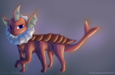 6_legs armor blue_eyes carapace feral fin looking_at_viewer male male_feral paws raised_tail red_body red_skin scar simple_background tail tail_fin text thick_tail unusual_anatomy stellaamoris nintendo pokemon fan_character aquatic arthropod canid crustacean eeveelution generation_1_pokemon hybrid mammal pokemon_(species) vaporeon absurd_res digital_media_(artwork) digital_painting_(artwork) hi_res painting_(artwork)
