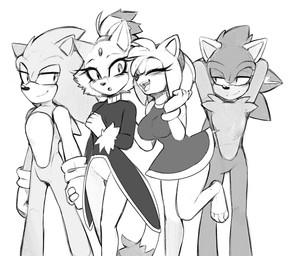anthro barefoot blush clothing dress feet female group hair hand_behind_head hand_holding hero male male/female ponytail princess royalty smile ki0nyxie sega sonic_the_hedgehog_(series) amy_rose blaze_the_cat fan_character keiph_the_tenrec sonic_the_hedgehog afrosoricid domestic_cat eulipotyphlan felid feline felis hedgehog mammal tenrec monochrome