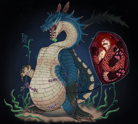 anthro anthro_pred belly big_belly blue_body blue_scales blue_tail butt cutaway duo female female_prey forced fully_inside green_eyes hair inside_stomach internal jewelry logo male male_pred narrowed_eyes necklace nipple_piercing nipples nude pawpads piercing pink_pawpads pupils red_hair red_sclera scales semi-anthro simple_background slit_pupils sound_effects tail tan_body tan_scales tan_tail three-quarter_view unwilling_prey vore yellow_eyes riorix capcom monster_hunter felid lagiacrus leviathan_(mh) mammal pantherine tiger 2022 absurd_res artist_logo dated digital_media_(artwork) hi_res