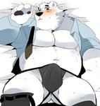 anthro belly black_nose blush bulge clothing fur jockstrap kemono lying male overweight overweight_anthro overweight_male solo underwear white_body white_fur hyaku_(artist) aggretsuko sanrio shirota_(aggretsuko) bear mammal polar_bear ursine 2020 hi_res