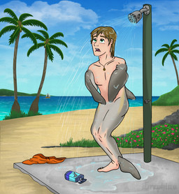 bathing beach boat brown_hair clothing discarded_clothing discarded_swimming_trunks discarded_swimwear erection feral feral_transformation fin fin_hands flipper_hands flippers flower flukes fused_legs genitals grass green_eyes grey_body hair hawaii human_to_feral jewelry limbs_merging male mid_transformation motion_lines necklace necklace_only nude open_mouth outdoor_shower outside palm_tree penis plant sand sea shampoo shampoo_bottle shower showering solo species_transformation standing transformation transformation_mechanism tree vehicle water watercraft icaron aquatic cetacean dolphin human mammal toothed_whale absurd_res hi_res story story_at_source story_in_description watermark
