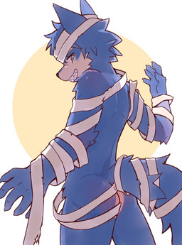 5_fingers anthro bandage black_nose blue_body blue_eyes blue_fur blush body_blush butt butt_blush fingers fur looking_at_viewer looking_back looking_back_at_viewer male pose rear_view sharp_teeth shoulder_scar simple_background snout solo tail teeth arnd_dawn canid canine canis mammal wolf colored digital_drawing_(artwork) digital_media_(artwork) hi_res shaded