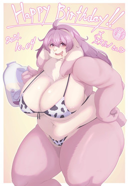 ahoge animal_print animal_print_bikini anthro big_breasts big_butt bikini bodily_fluids border breasts butt clothing cow_print cow_print_bikini drooling ears_down female female_anthro fur glistening glistening_body glistening_breasts glistening_fur gradient_background hair hand_on_hip happy_birthday holding_milk_bottle holding_object huge_breasts huge_butt huge_hips huge_thighs long_hair looking_at_viewer micro_bikini milk navel neck_tuft open_mouth overweight overweight_anthro overweight_female pattern_bikini pattern_clothing pattern_swimwear pink_body pink_fur pink_hair pivoted_ears red_eyes saliva scut_tail short_tail simple_background slightly_chubby slightly_chubby_anthro slightly_chubby_female solo standing swimwear tail text thick_thighs tuft two-piece_swimsuit white_body white_border white_fur wide_hips sasanoha6011 lagomorph leporid mammal rabbit 2021 english_text hi_res japanese_text