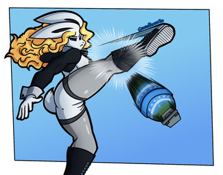action_pose angry anthro athletic barely_visible_nipples black_nipples blonde_hair blue_eyes border breasts butt clothed clothing costume explosives female footwear genitals gradient_background grenade hair holidays kick long_hair nipples pose reverse_bunny_costume shoes side_boob simple_background sneakers solo vulva weapon white_body white_border criminalbunnydraws easter snowdrop_(criminalbunnydraws) lagomorph leporid mammal rabbit hi_res