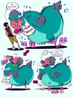 avian_butt blue_background blue_body blue_feathers bodily_fluids butt clothing drooling duo feathers female female_pred male male_prey monobutt oral_vore saliva sharp_teeth simple_background speech_bubble teeth text tongue tongue_out vore yellow_eyes d._e._belton bruna_(d.e.belton) avian bird columbid dodo human mammal monster recently_extinct_species 2015 english_text translated