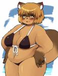 anthro bikini biped breasts brown_body brown_fur brown_hair cleavage clothed clothing female fur hair hands_on_hips kemono looking_at_viewer navel open_mouth overweight overweight_anthro overweight_female pose slightly_chubby solo standing swimwear thick_thighs two-piece_swimsuit akitaka canid canine mammal raccoon_dog tanuki 2014