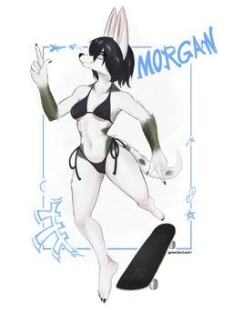 abstract_background anthro bikini biped black_hair blue_eyes breasts camel_toe claws clothing ear_tuft eyewear feet female fur gesture glasses glistening green_body hair hand_gesture looking_at_viewer multicolored_body nails navel patterns plantigrade pointing pose scales simple_background skateboard skater small_breasts smile smiling_at_viewer solo swimwear tail text toes toned_female tuft two-piece_swimsuit vehicle white_background white_body doctorcure morgan_mco'nielson canid canine chimera hybrid mammal 2026 3:4 absurd_res artist_name colored digital_drawing_(artwork) digital_media_(artwork) english_text hi_res shaded signature