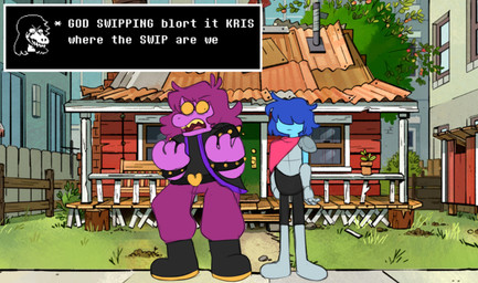 anthro armband blue_hair bracelet clothed clothing dialogue duo female hair humor jewelry male parody purple_body purple_hair screencap screencap_background spiked_armband spiked_bracelet spikes text text_box hiphopcherrrypop big_city_greens deltarune kris_where_are_we undertale_(series) kris_dreemurr susie_(deltarune) dinosaur human mammal prehistoric_species reptile scalie 2021 english_text meme