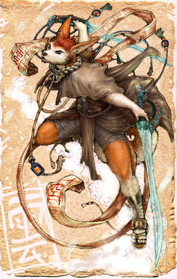 anthro athletic athletic_anthro athletic_male bandage black_nose blue_eyes brown_body brown_fur collar dual_wielding ear_piercing frown fur hair holding_melee_weapon holding_object holding_sword holding_weapon male melee_weapon piercing red_hair scroll solo sword tail weapon white_body white_fur pockyrumz akita canid canine canis domestic_dog mammal spitz