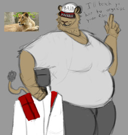 anthro arm_around_neck armor baseball_cap clothing covered_eyes duo female gesture grey_helmet hand_gesture hat hat_over_eyes headgear headwear helmet hidden_eyes looking_at_another male mature_anthro mature_female overweight pointing pointing_up simple_background simple_coloring spikes text weepeeman1 m1lf_band1t_(band1tnsfw) the_lad_(weepeeman1) felid human lion mammal pantherine absurd_res digital_drawing_(artwork) digital_media_(artwork) english_text hi_res portrait shaded simple_shading three-quarter_portrait